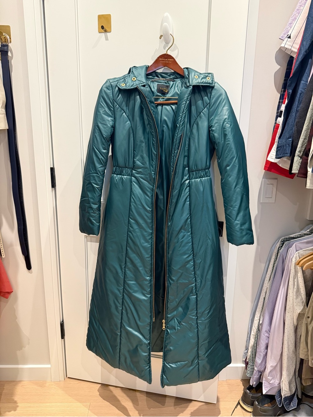 Vaute Couture Long Teal Quilted Puffer Coat with Hood